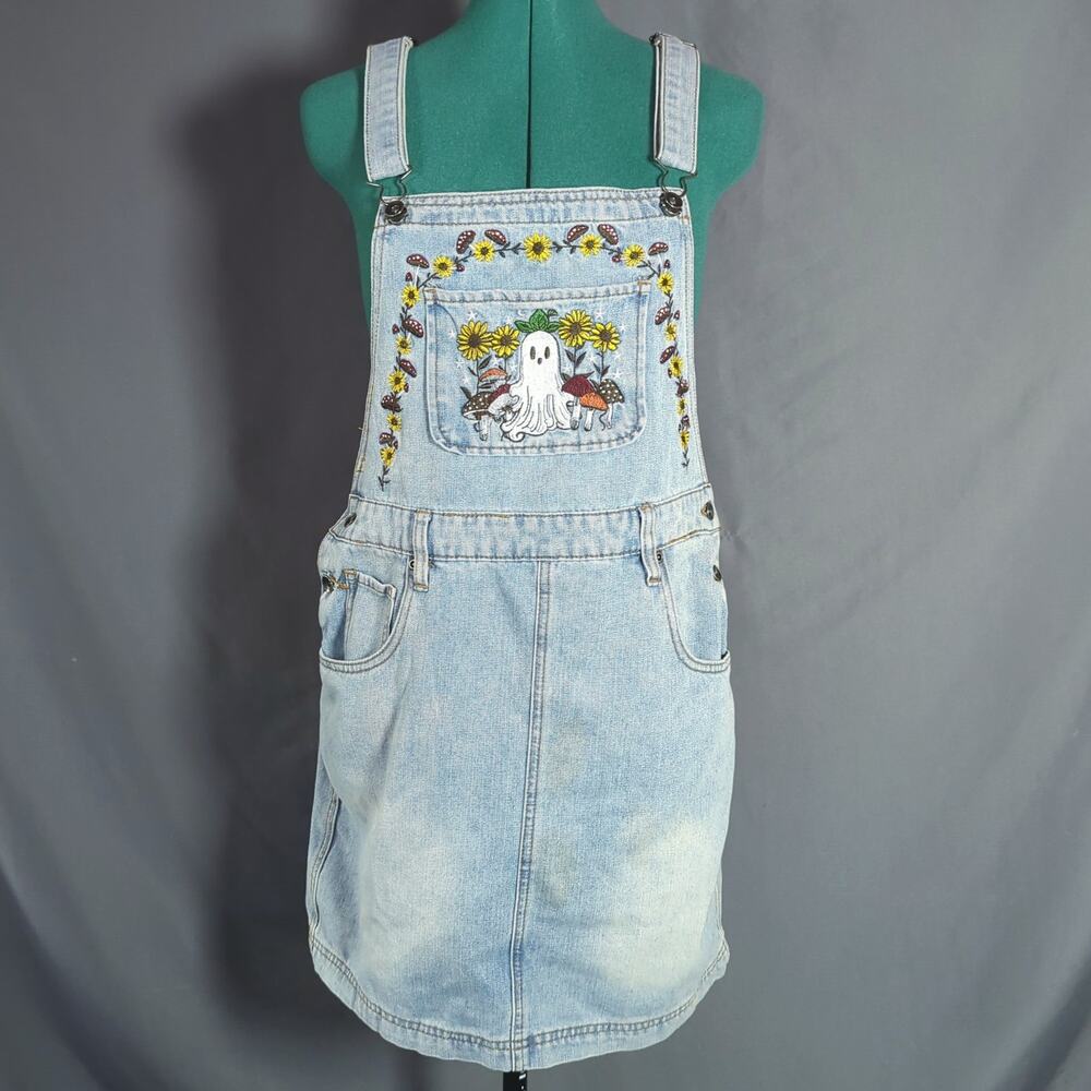 Thorn & Fable Ghost Mushroom Embroidered Denim Skirtall Cottagecore Halloween M